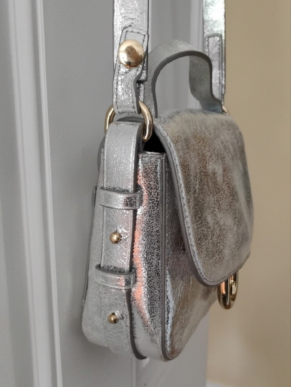 J. Crew Metallic Silver Crossbody Satchel with Gold Accent - Picture 3 of 8